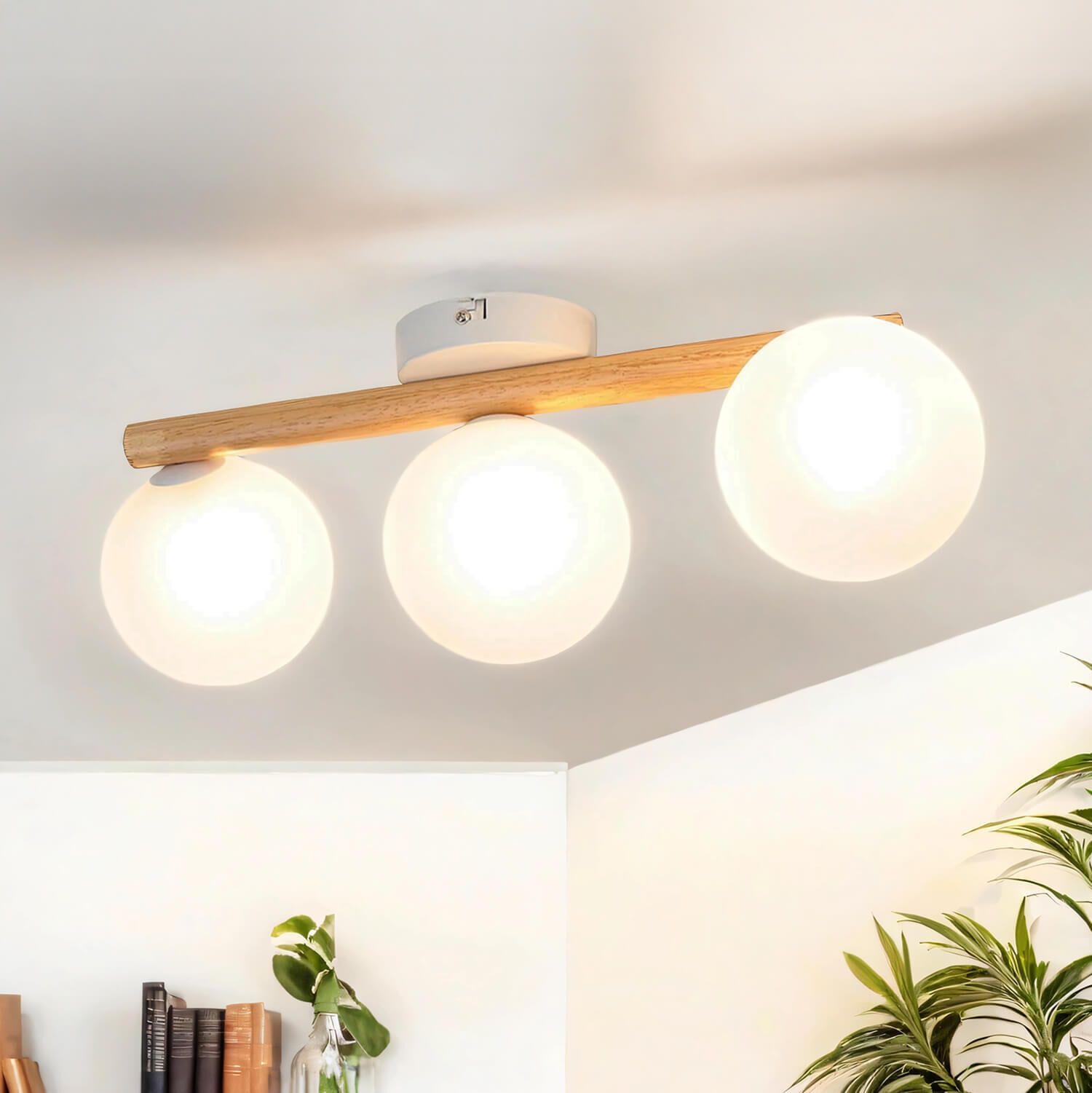 Deckenlampe Holz Glas 47 cm lang G9 in Hell Weiß 3-flammig Deckenleuchte