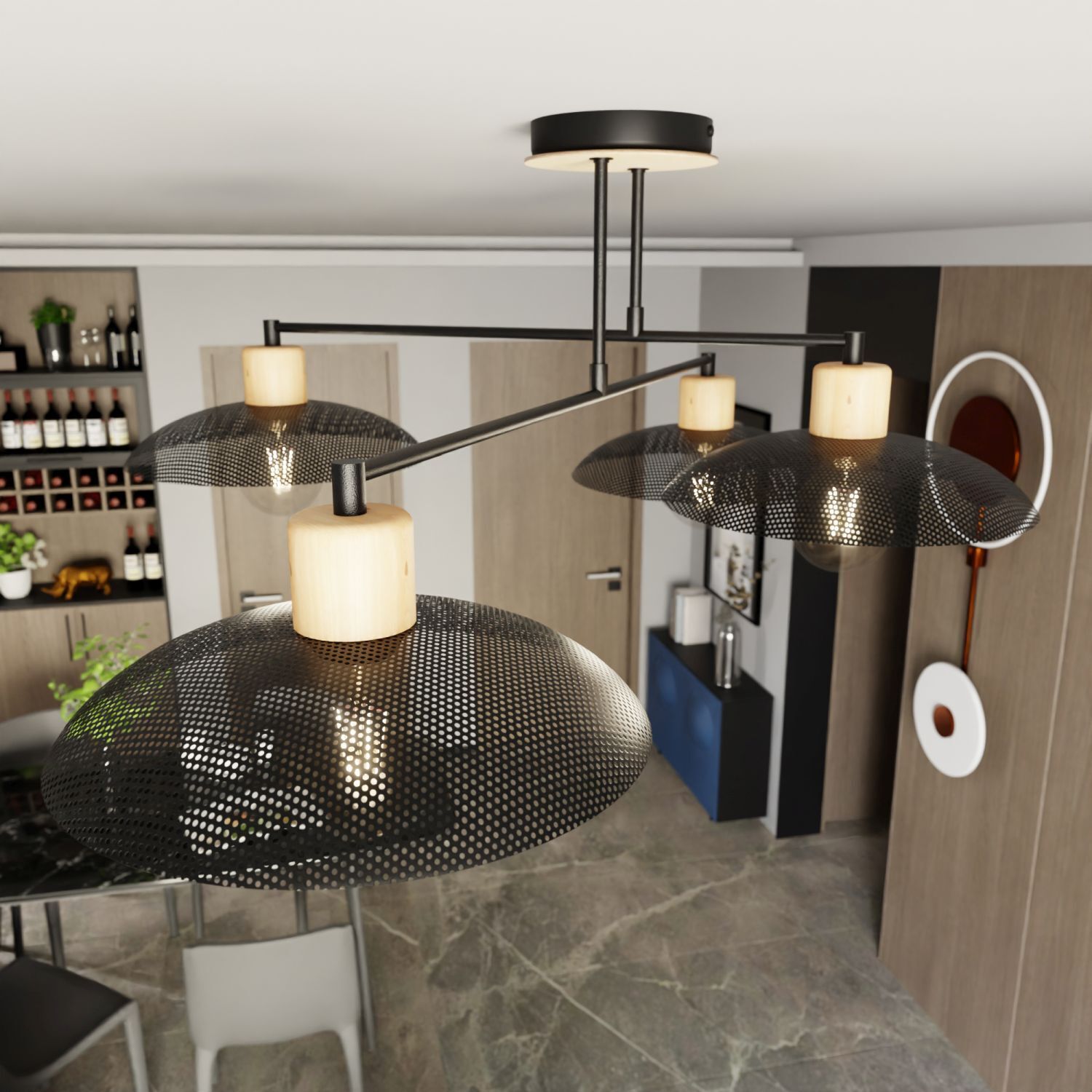 Deckenlampe Schwarz Holzoptik 100 cm lang Metall E27 4-flammig