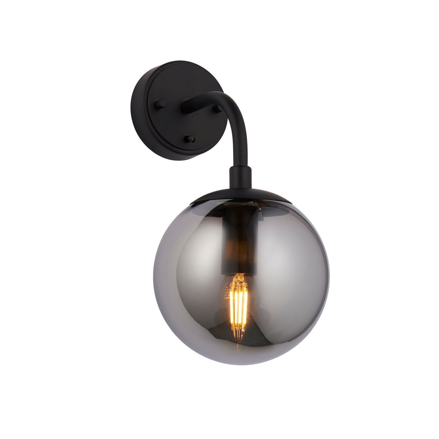 Wandlampe mit Schalter Rauchglas Metall E14 Kugelschirm