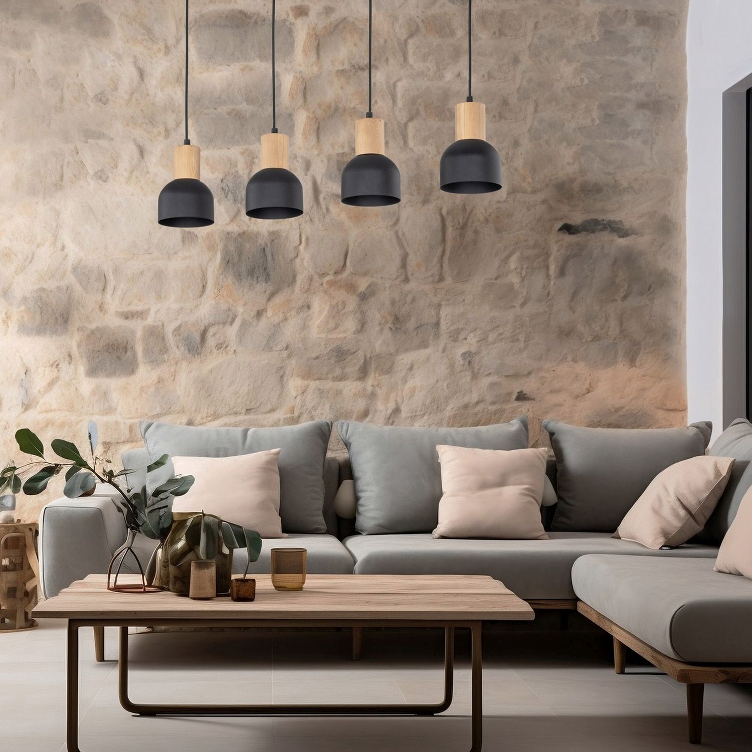 Hängeleuchte Metall Holz E27 Schwarz Holz 4-flammig Innenarchitektur, Inneneinrichtung, Wohnzimmer, Couch, Tabelle