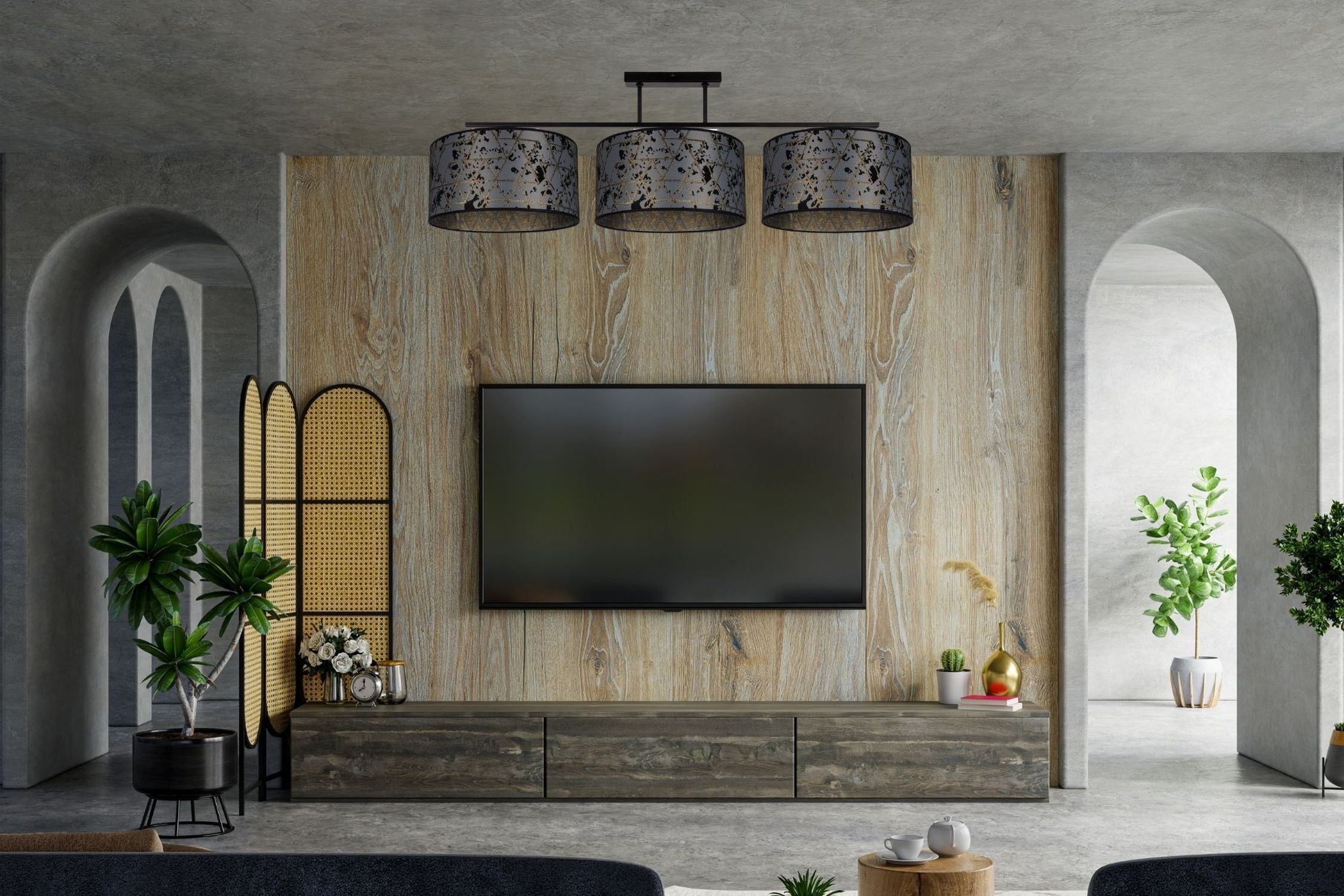 Blendarme Deckenlampe Stoff Graphit Muster E27 3-flmg Drinnen, Innenarchitektur, Paneele aus Holz, Bildschirm, Überwachen