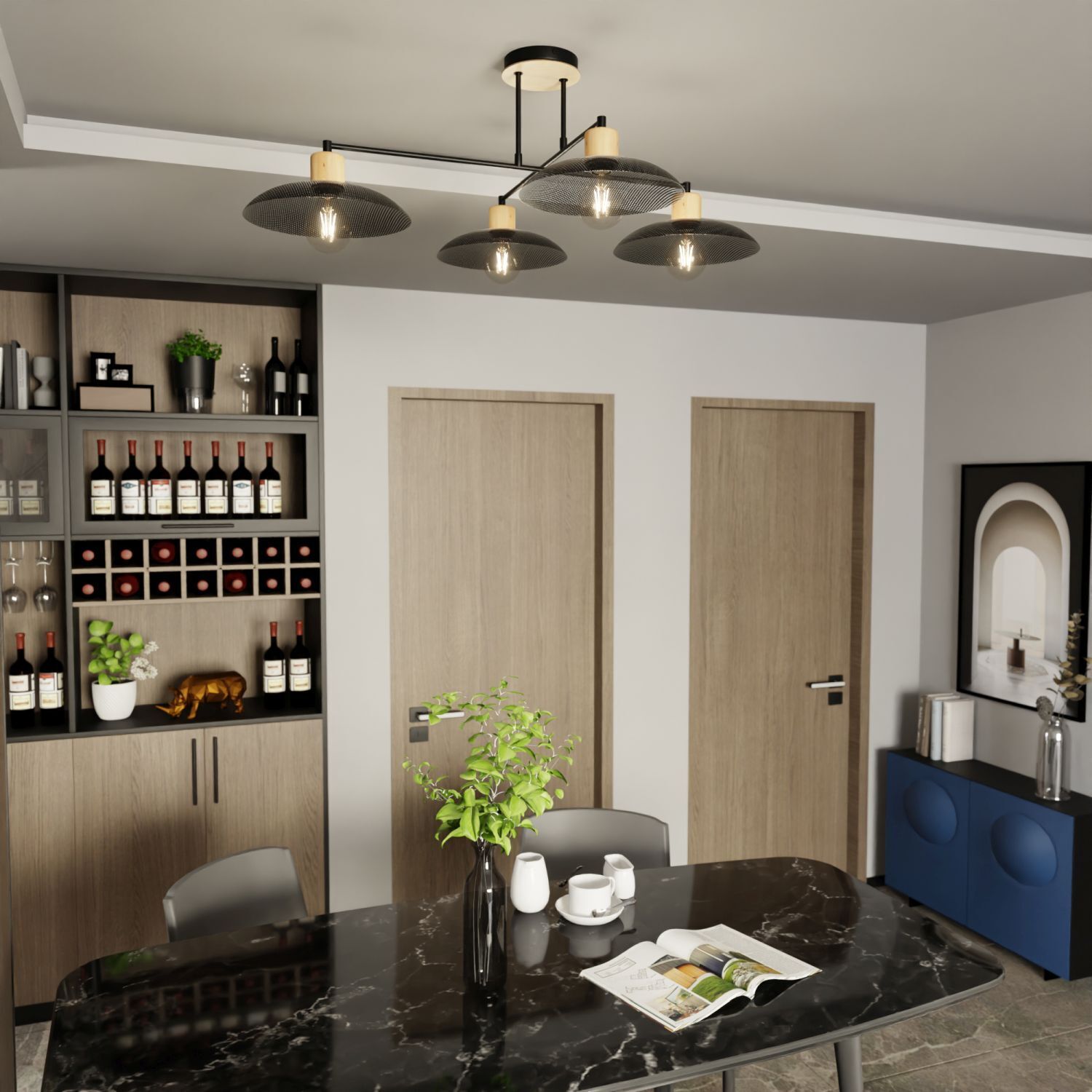 Deckenlampe Schwarz Holzoptik 100 cm lang Metall E27 4-flammig Drinnen, Innenarchitektur