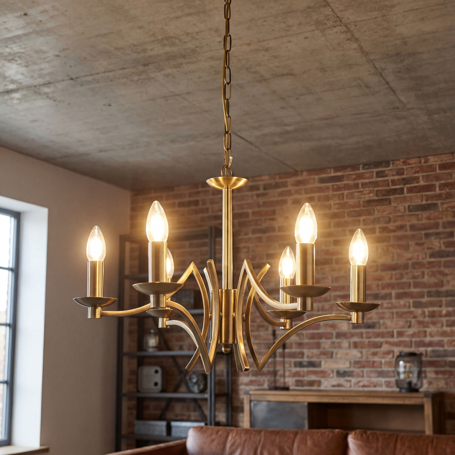 Kronleuchter Esszimmer Ø 56 cm in Messing antik 6-armig E14 Hängeleuchte, Kronleuchter, Metall, Kerzenform, Wohnzimmer